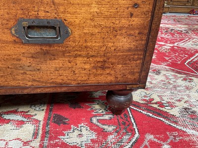 Lot 1409 - Victorian mahogany and brass bound secretaire campaign chest, in two parts