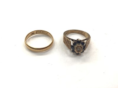 Lot 1012 - Victorian Scottish 18ct gold wedding ring and a 9ct gold sapphire and diamond cluster ring (2)