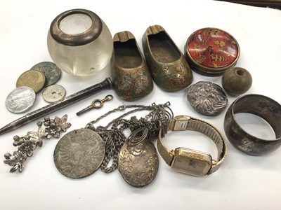 Lot 1010 - Antique Chinese silver buckle, silver pencil, silver mounted vesta globe and other items