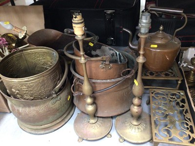 Lot 314 - Collection of antique and vintage brass, copper and metalwork to include a Victorian copper kettle, copper coal scuttles, brass trivets, Victorian brass candlesticks, etc