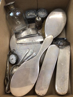 Lot 1038 - Silver backed dressing table items, silver teaspoons, silver buckle bangle, silver cased fob watch, other silver and white metal items