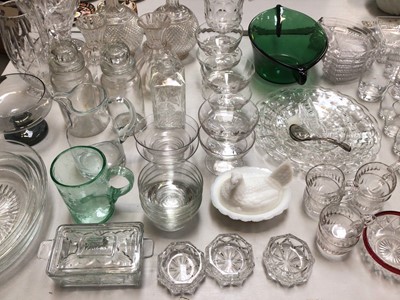 Lot 315 - Group of glassware including a set of five art glass bowls, pair of hobnail cut glass decanters and a glass hen on nest