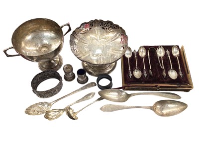 Lot 1013 - Silver pedestal bon bon dish, two handled silver trophy, set of six silver teaspoons and pair of sugar tongs, other silver and white metal items