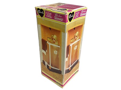 Lot 235 - Pedigree Sindy (c1980's) Swimming Pool No.44388, Wardrobe No.44502, Shower No.44573 & Hairdryer No.44524, boxed (3)