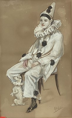 Lot 128 - English School, contemporary, pencil and gouache - Portrait of Pierrot, indistinctly signed, 53cm x 33cm, in glazed frame