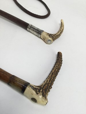 Lot 949 - Swaine silver mounted hunting whip with horn handle and plaited leather shaft, together with another Swaine & Adeney bamboo hunting whip (2)