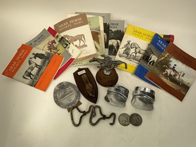 Lot 887 - Chromium plated car mascot in the form of a horse and jockey, mounted on a wooden base, together with 1960s-70s Arab Horse Society News, fox pad mounted on a shield and otehr sporting items