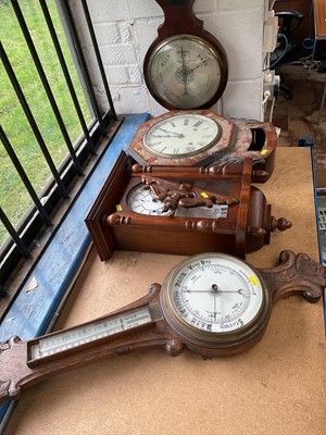 Lot 86 - Two barometers, together with a drop dial wall clock and a regulator wall clock.
