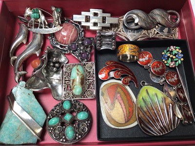 Lot 69 - Group of silver and white metal jewellery to include enamel and gem set pendants, brooches, bracelets and rings
