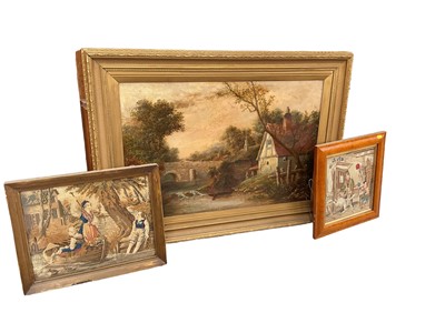 Lot 683 - Two Victorian embroidered pictures, Victorian oil painting bridge view, and Guinness prints