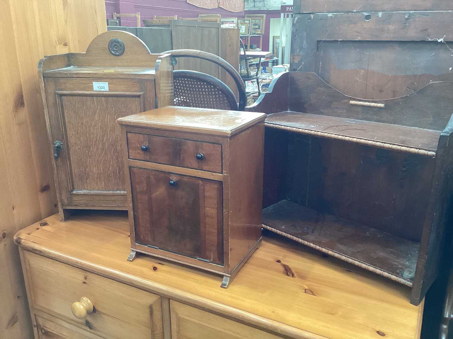 Lot 1323 - 1920s mahogany stationary cabinet, oak medicine cupboard and small open shelf unit (3)