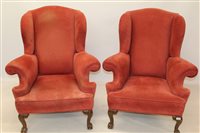 Lot 1542 - Pair of Georgian-style wing armchairs - each...