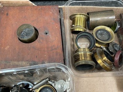 Lot 132 - Victorian four drawer telescope, lenses and plate camera elements