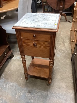 Lot 1331 - Victorian pine pot cupboard with marble top and marble lined interior on turned legs with undertier