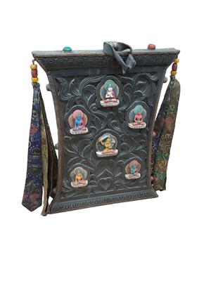 Lot 23 - Tibetan temple altar/shrine with silk embroidered tassels, 52cm high