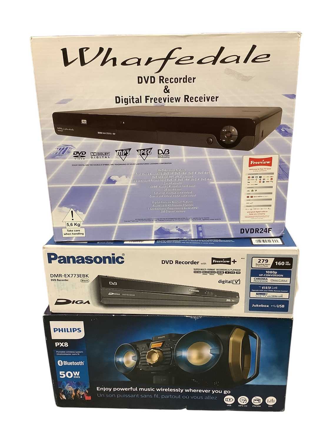 Lot 6 - Philips PX8 portable wireless speaker system together Panasonic DVD recorder with Freeview+ and a Wharfedale DVD Recorder & Digital free view receiver (3)