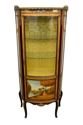 Lot 1437 - Continental bowfront satinwood and painted vitrine or display cabinet, 19th century style