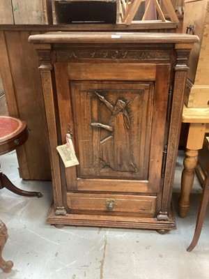 Lot 1346 - 18th century Swiss walnut cupboard dated 1731 and with AM initials, the door carved with Jewish biblical figure and drawer below on pad feet  78cm wide, 117cm high, 47cm deep