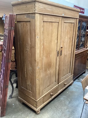 Lot 1349 - 19th century pine double wardrobe with two drawers below on bun feet 150 cm wide, 198cm high, 58cm deep