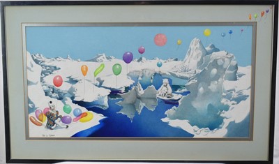 Lot 28 - *Peter Le Vasseur (b.1938) watercolour - ‘The Party’s Over’, signed, 34cm x 68cm, in glazed frame