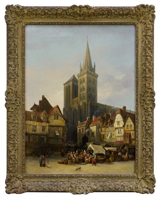 Lot 915 - Follower of Samuel Prout, 19th century, oil on canvas - Continental Market before a Cathedral, 61cm x 46cm, in gilt frame