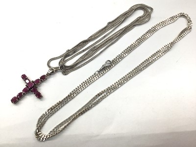 Lot 1047 - Long white metal guard chain with a silver mounted gem set cross pendant and a white metal flat curb link chain