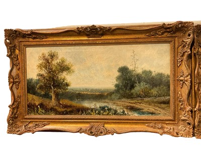 Lot 218 - Pair of early 20th century oil on canvas landscape scenes, 28 x 57cm, in gilt frames