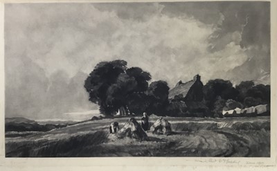 Lot 120 - Frank Short (1857-1945) mezzotint - harvest scene, together with an etching by Charles Baskett of HMS Victory. (2)