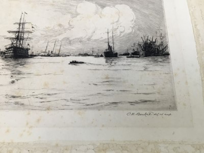 Lot 120 - Frank Short (1857-1945) mezzotint - harvest scene, together with an etching by Charles Baskett of HMS Victory. (2)