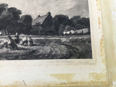 Lot 120 - Frank Short (1857-1945) mezzotint - harvest scene, together with an etching by Charles Baskett of HMS Victory. (2)