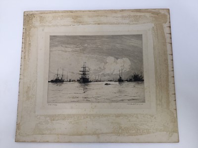 Lot 120 - Frank Short (1857-1945) mezzotint - harvest scene, together with an etching by Charles Baskett of HMS Victory. (2)