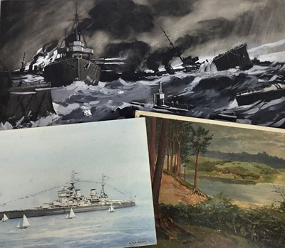 Lot 116 - Early 20th century watercolour of H.M.S. Anson, together with an early 20th century unsigned oil on board, Study at Burwood, Cobhan, Surrey, and an oil on board book or magazine illustration of war...