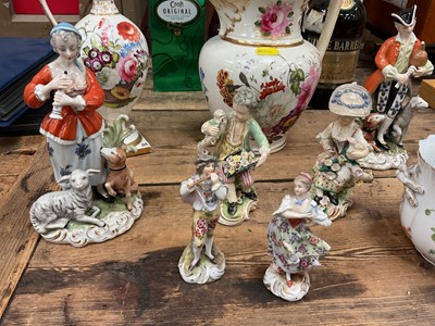Lot 39 - Group of ceramics, incliding a 19th century English flower-painted jug and ewer, a pair of Derby figures with crossed swords marks, and continental porcelain