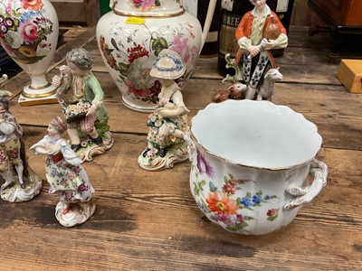 Lot 39 - Group of ceramics, incliding a 19th century English flower-painted jug and ewer, a pair of Derby figures with crossed swords marks, and continental porcelain