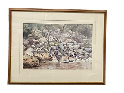 Lot 186 - Katy Sogden (contemporary) watercolour - Zebra at a watering hole, 34 x 51cm, glazed frame