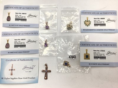 Lot 1054 - Five 9ct gold mounted gem set pendants with certificates and two pearl necklaces with 9ct gold clasps