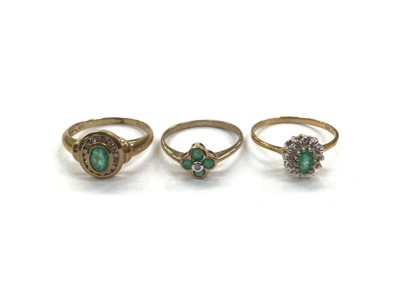 Lot 1057 - Three 9ct gold emerald and diamond set rings