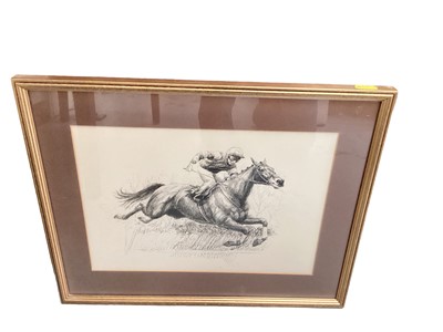 Lot 216 - Gillian E. Hoare pen and ink study of a jockey on horseback, mounted in glazed frame.