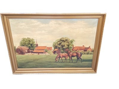 Lot 390 - Gillian E. Hoare oil on canvas of Horses by Roxwell church, together with two further works by the same hand (3).