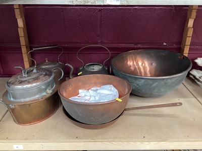 Lot 673 - Two copper kettles, warming pan and other metalwork