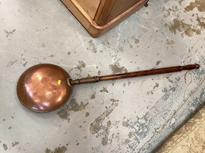 Lot 673 - Two copper kettles, warming pan and other metalwork