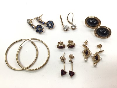 Lot 1068 - Six pairs of 9ct gold gem set earrings including a pair of diamond clusters