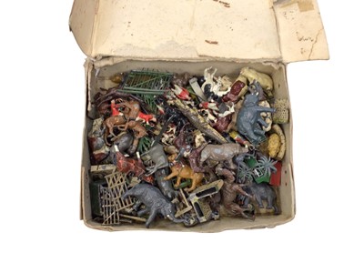 Lot 1898 - Box of lead figures including Britains hunting models, zoo animals and accessories.