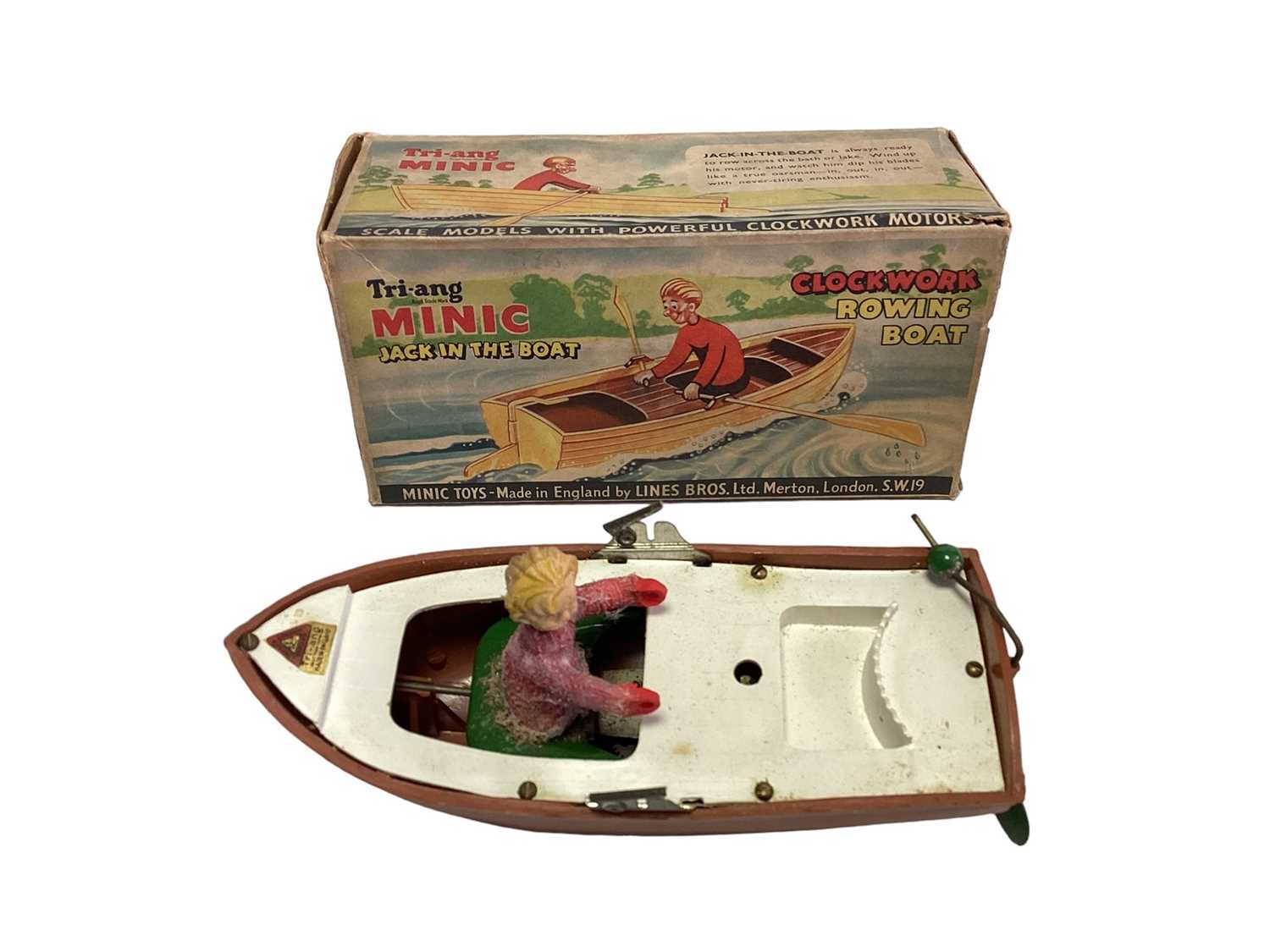 Lot 305 - Triang Minic Clockwork  tinplate Rowing Boat, in original box and internal packaging (1)