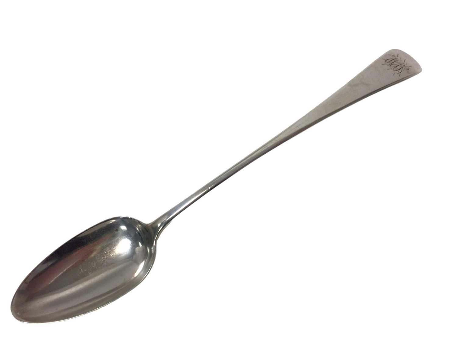 Lot 394 - George III silver Old English pattern serving spoon, with engraved initials (London 1795)
