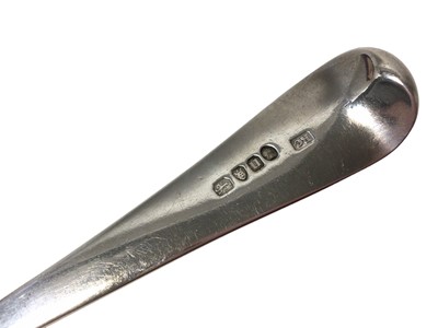 Lot 394 - George III silver Old English pattern serving spoon, with engraved initials (London 1795)