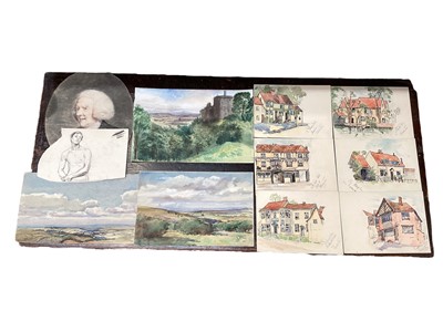 Lot 225 - Unframed works on paper including watercolour by Fid Harnack, 19th century watercolour portrait, etchings other items