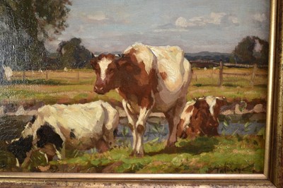 Lot 1199 - Algernon Mayow Talmage (1871-1939) oil on canvas - Cattle grazing beside the Stour at Dedham, signed   NB: A highly typical view on the river Stour at Dedham, near the home of Talmage's friend Si...
