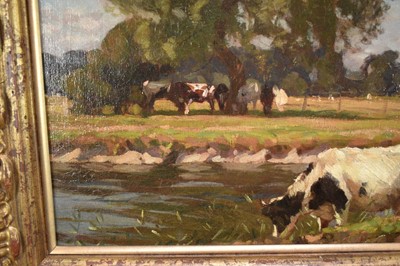 Lot 1199 - Algernon Mayow Talmage (1871-1939) oil on canvas - Cattle grazing beside the Stour at Dedham, signed   NB: A highly typical view on the river Stour at Dedham, near the home of Talmage's friend Si...