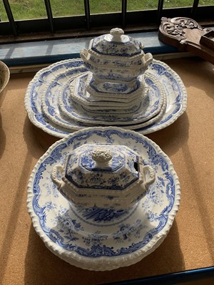 Lot 85 - Victorian blue and white Opaque China service in the 'Chinese Marine' pattern, including a pair of small tureens and stands, six plates, three graduated platters and a pair of dishes